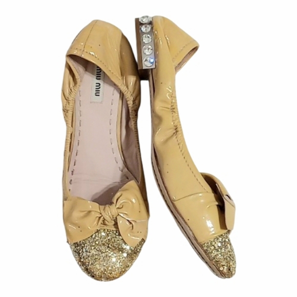 Miu Miu Bow Ballet Flats Nude Patent Leather Gold Glitter Cap Toe EU 40 US 9 - Picture 4 of 14